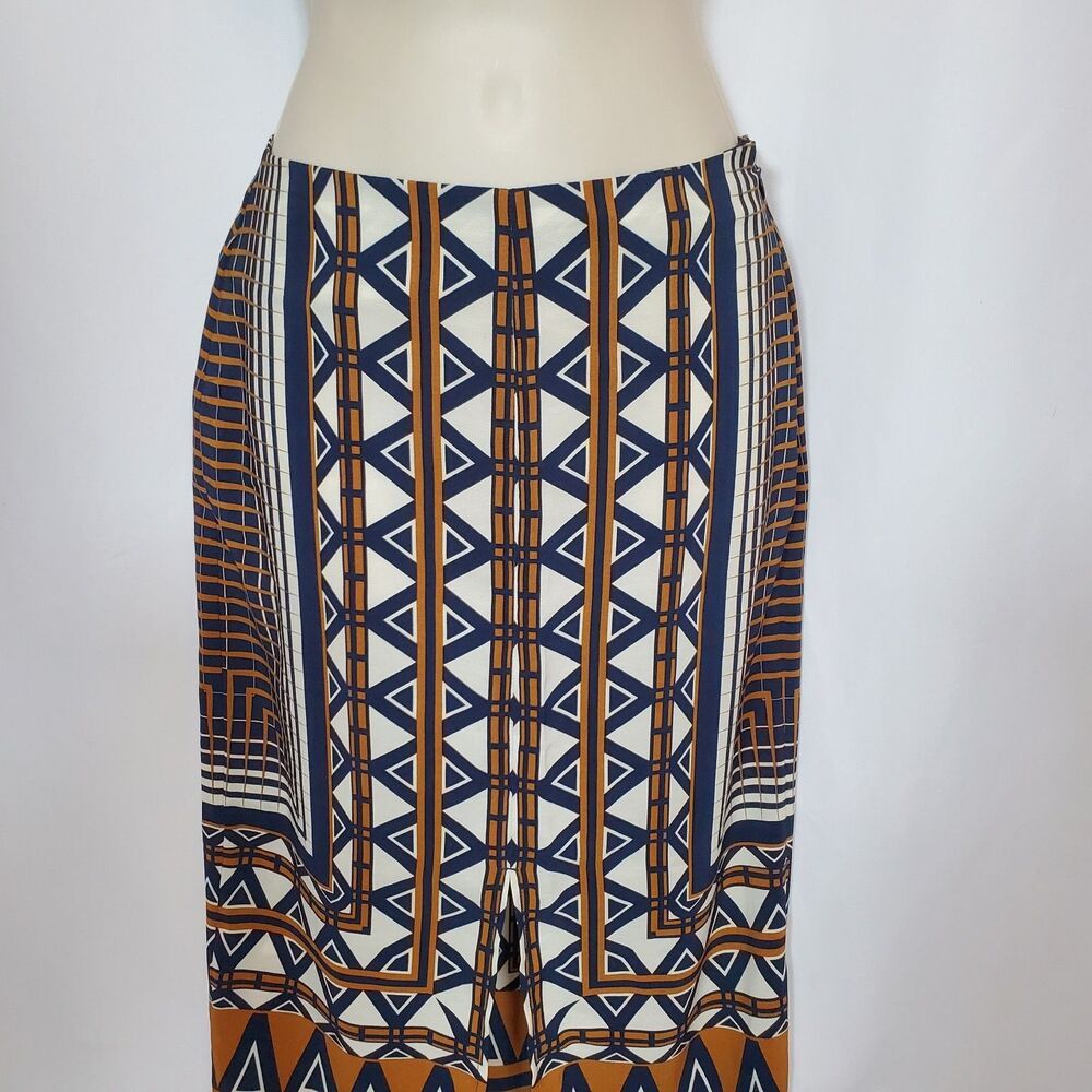 Topshop Women’s Pencil Skirt Size 0 Blue Brown Aztec Print Front Split Midi - Picture 4 of 11